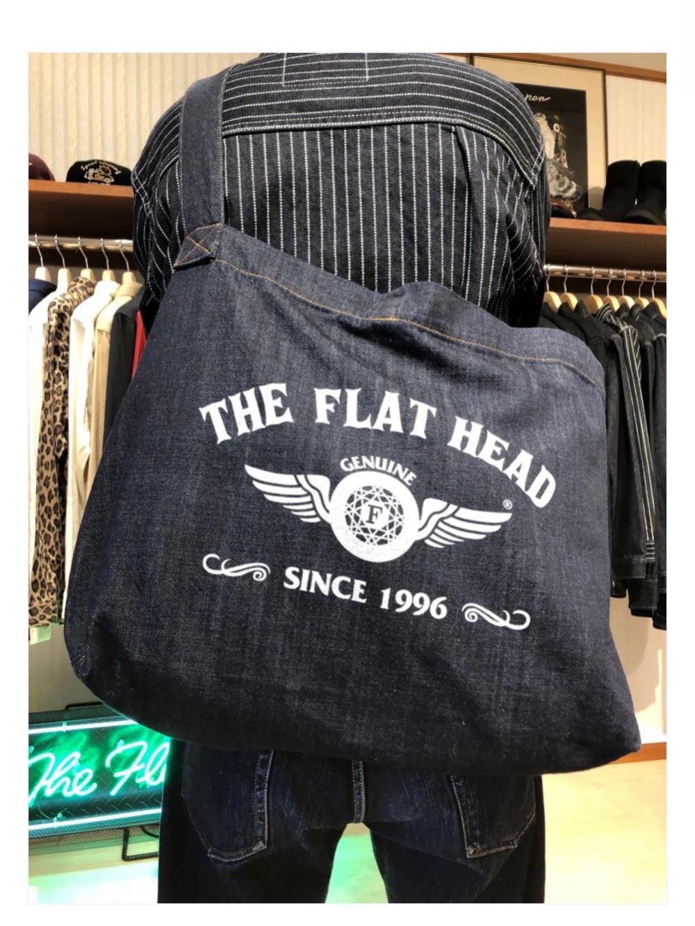 THE FLAT HEAD Dark Blue Denim Messenger Tote Bag